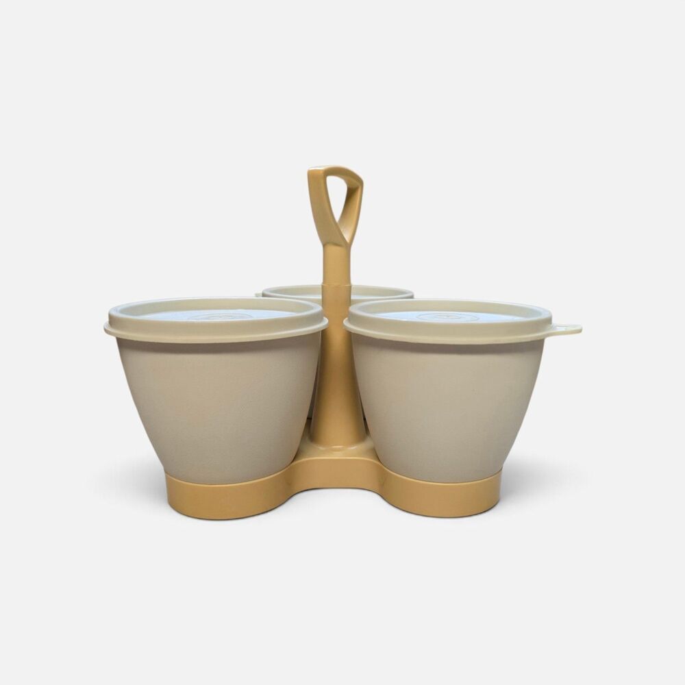 VTG Tupperware Condiment Relish Caddy Set Yellow Base with Cups and Lids